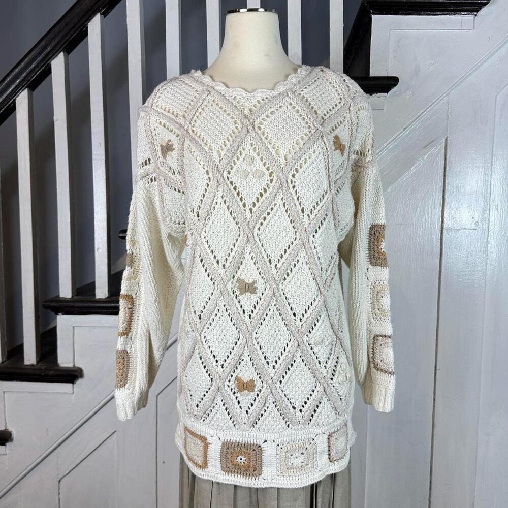 Vintage 90s Chunky Crochet Embroidered Sweater